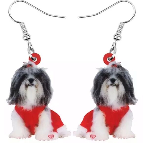 Shih Tzu Christmas Earrings Red Dog Santa Gift - Picture 1 of 5